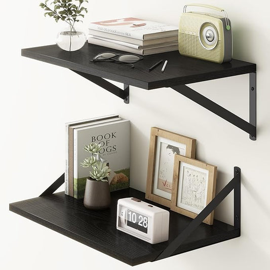Fun Memories Black Floating Shelves 18 Inch Long, Rustic Floating Shelf with Brackets, 12 Inch Deep Wall Shelves, Black Bathroom Shelves, 18 x 12 Storage Shelf for Kitchen, Living Room, Set of 2