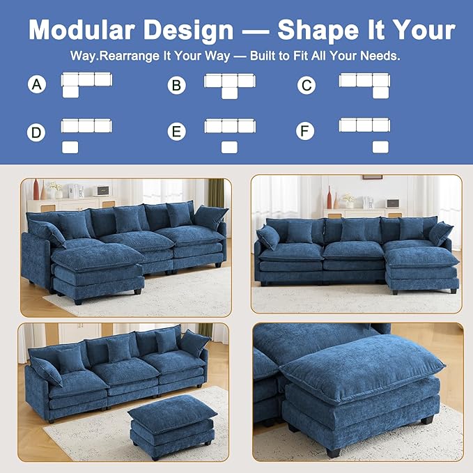 111.4" Cloud L Shaped Sectional Couch with Ottoman｜Modular Chenille Sofa with 29.1" Deep Seat｜FSC Solid Wood Frame｜Easy Assembly & 1YR Guarantee｜for Living Room Bedroom Apartment