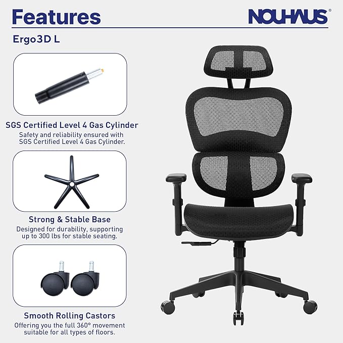 Nouhaus Ergo3dL Home Office Desk Chairs Ergonomic Office Chair High-Back Mesh Rolling Work Chairs with Wheels and Adjustable Headrests Comfortable Lumbar Support Adjustable Armrests