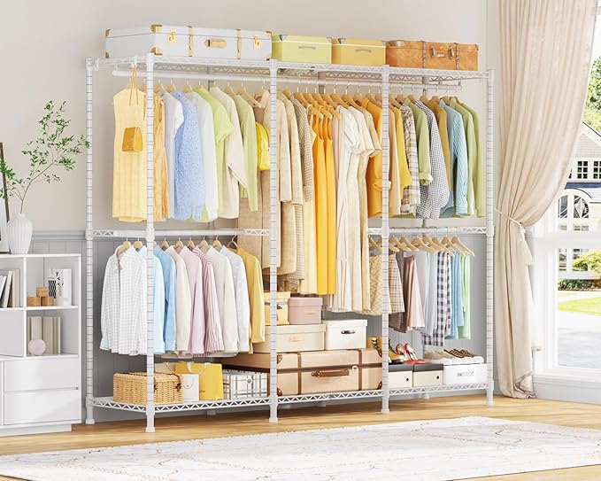 E14 Heavy Duty Clothes Rack，Freestanding Clothing Racks for Hanging Clothes，Adjustable Closet Organizers and Storage，Metal Garment Rack with Shelves 69" W x16 D x77 H，Max Load 960LBS，White