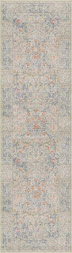 Non Slip Beige Blue Hallway Runner Rug - Long Runner Rugs 2x7 Washable Kitchen Floor Mat, Laundry Room Rug, Bathroom Runner - Vintage Design Décor