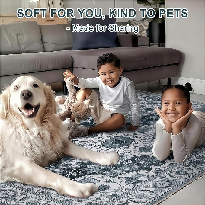 WILLSUN Washable Area Rugs, 9x12 Non-Slip Boho Large Area Rugs for Living Room, Bedroom, Machine Washable Vintage Rug, Indoor Floral Print Carpet for Home Decor, Kid & Pet Friendly Mat