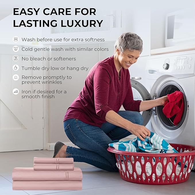 100% Natural Cotton Bed Sheets | 500 TC Single-Ply Sateen Weave Full Size Sheets | Soft, Breathable, Hypoallergenic Solid 4-Piece Bedding with Deep Pocket Fitted, Flat, Pillowcase | Blush