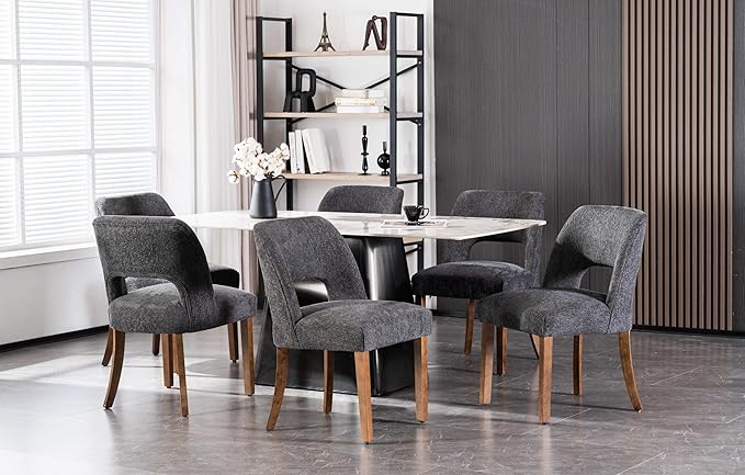 VKNOW Wooden Dining Chairs Set of 6, Modern Fabric Upholstered Dining Room Chair Kitchen Chairs, Farmhouse Dinner Chair for Kitchen Dining Room, Charcoal