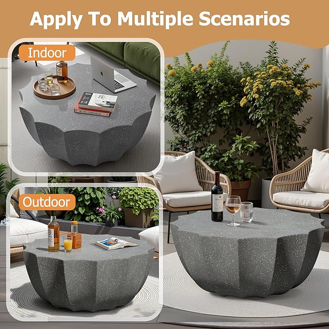 35" Outdoor Round Coffee Table Modern Stylish Design Waterproof & Moisture-Proof No Assembly Required Outdoor Coffee Table for Patio, Garden, Backyards - US Warehouse (Grey)