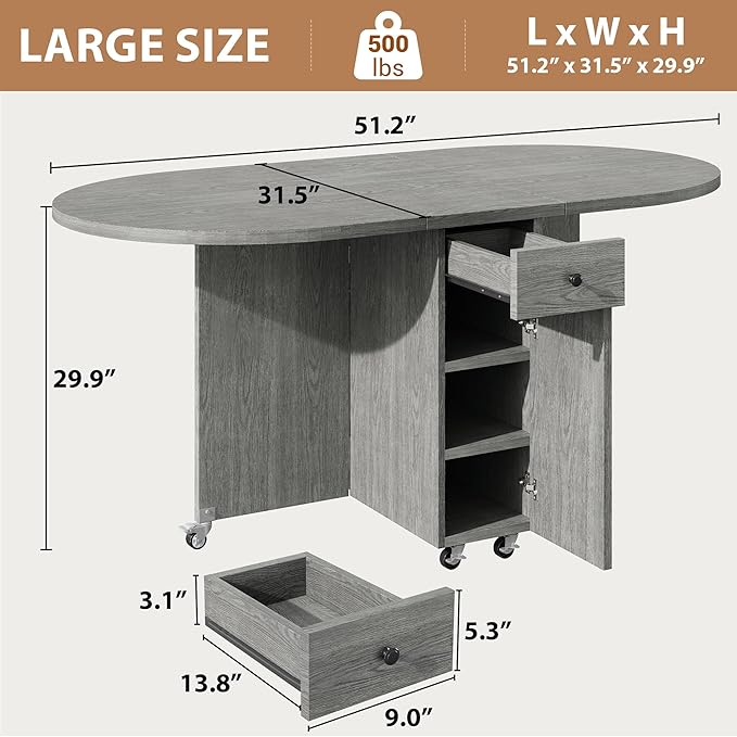 Folding Dining Table for 4 Kitchen Dining Room DinnerTable with Storage Drawer Space Saving Oval Foldable Drop Leaf Gateleg Furniture for Small Space (Grey, 51 * 31.5 * 30)