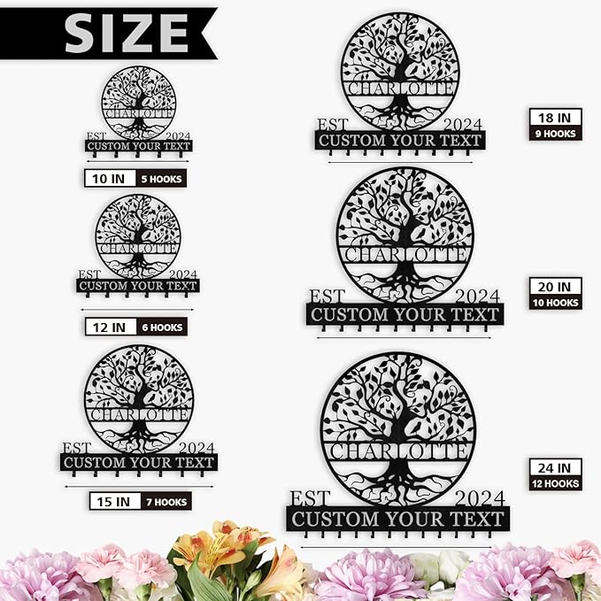Personalized Key Holder Wall Mount - Custom Name Tree of Life Key Holder for Wall, Metal Key Rack Coat Rack for Front Door, Living Room, Kitchen, Housewarming Wedding Gift