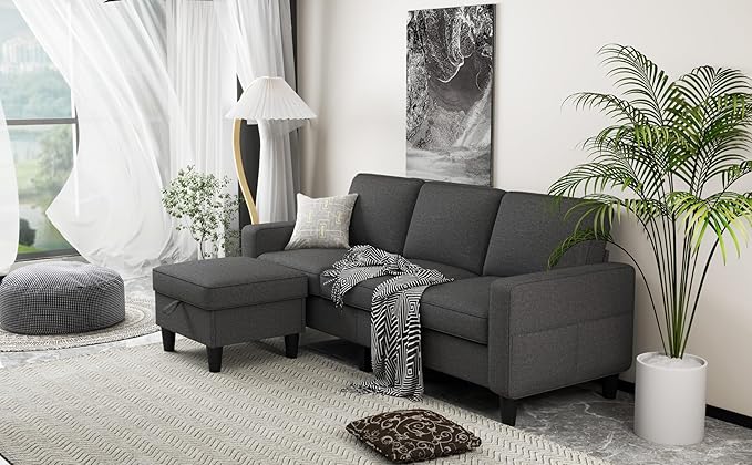 ZeeFu Couch for Living Room - 78'' Beige Linen 3 Seat L-Shaped Sectional Sofa Couches with Storage Ottoman - Modern Small Space Upholstered Furniture Sofa Set for Office Small Space Apartment Bedroom