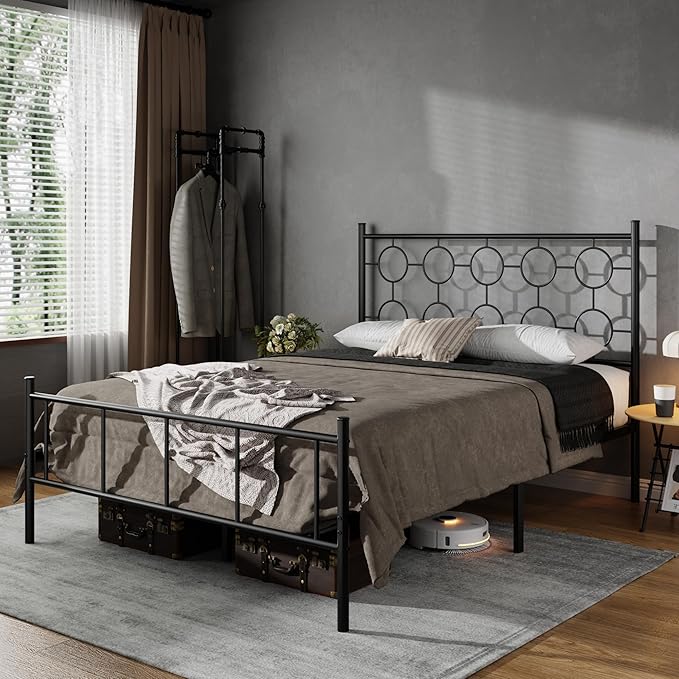Full Size Classic Metal Platform Bed Frame with Headboard and Footboard, Victorian Style Iron Bedframe with 12 inch of Storage Under Frame, Slat Support, No Springs Required, Easy to Assemble (Black)