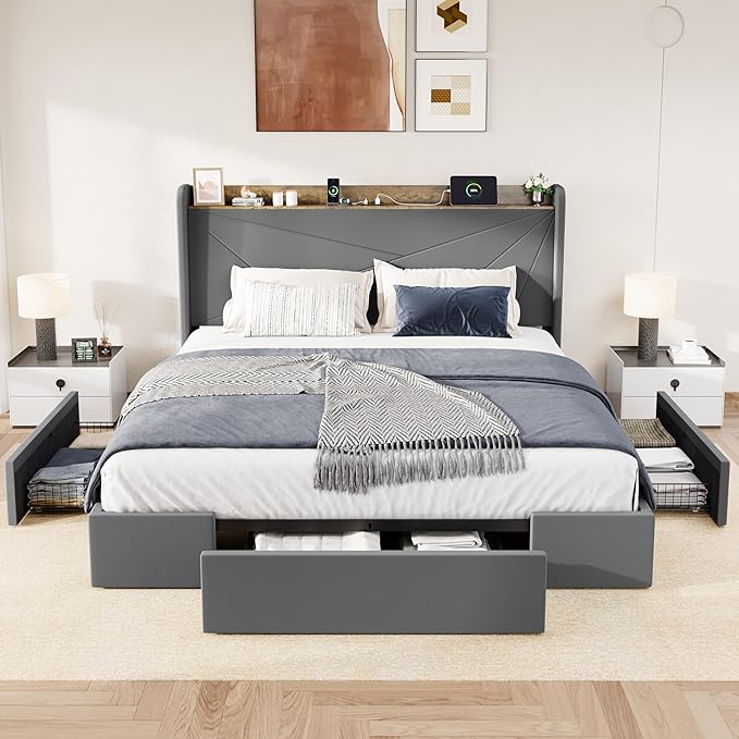 Allewie King Size Velvet Bed Frame with 3 Storage Drawers, Upholstered Platform Bed with Wingback Storage Headboard and USB Ports, No Box Spring Needed, Easy Assembly, Grey