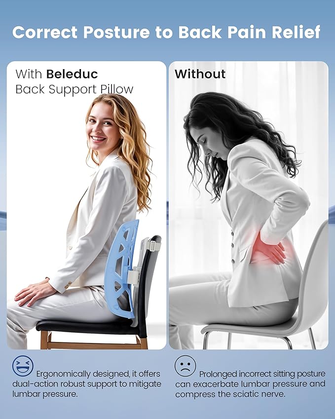 Beleduc Lumbar Support Pillow for Office Chair- Ergonomic Back Support Pillow with Adjustable Height, Improves Posture, Back Cushion with Straps for Home, Office, Car