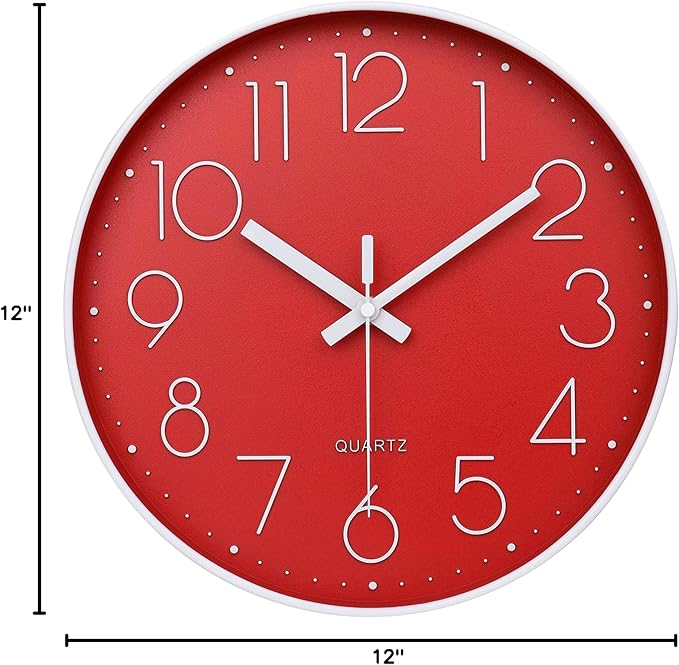 jomparis Red Wall Clock 12 Inch Silent Non-Ticking Battery Operated Quality Quartz Round Wall Clock Modern Decor Clock for Home Bedroom
