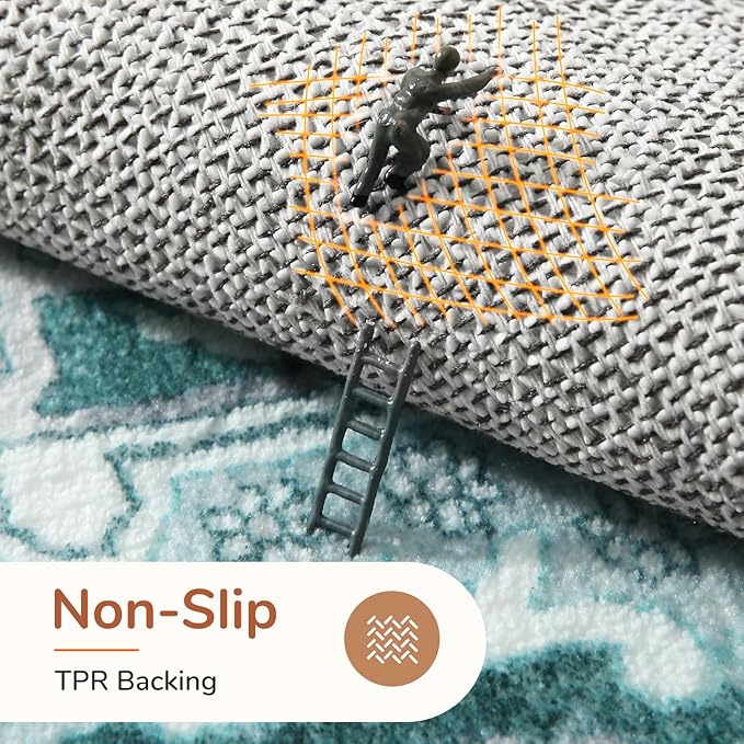 OPPODREAM Thin 8x10 Area Rugs, Washable Rugs 8x10 with Non Slip Backing, Faux Cashmere Low-Pile 8 x 10 Carpet, Teal & Turquoise & Cream