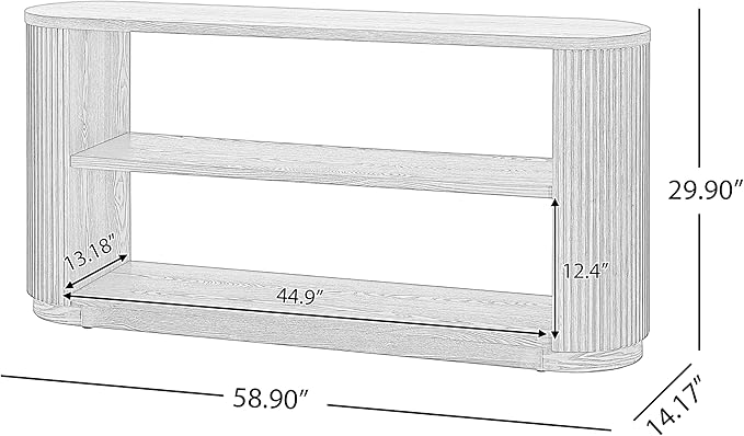 Modern Curved Console Table for Entryway, Farmhouse Solid Wood Fluted Sofa Table with Open Shelf & Elegant Wood Grain, Oval Long Foyer Table for Entry Way Hallway Living Room-58.9" Natural