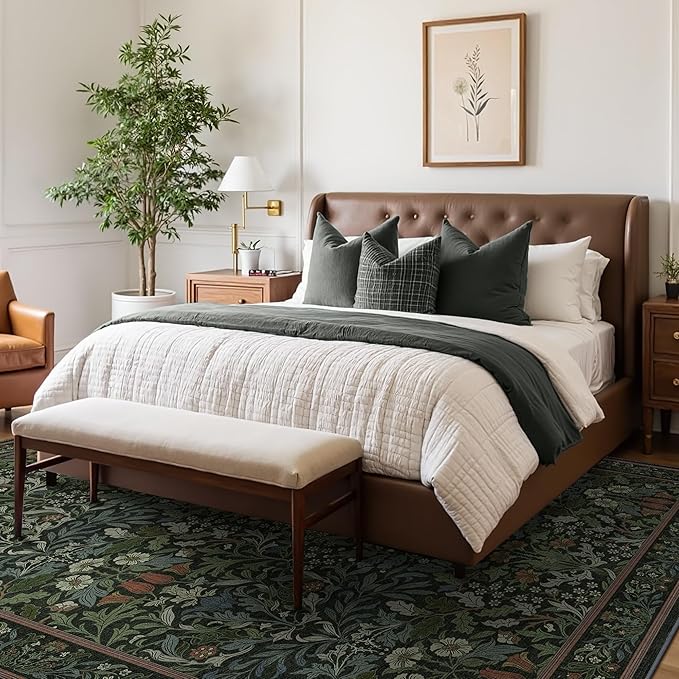 GENIMO 9x12 Washable Area Rug, Non-Slip Vintage Boho Floral Carpet, Soft Low-Pile Thin Large Living Room Rug for Bedroom, Dining Room, Nursery, Dark Green