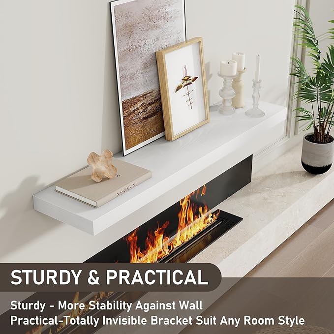 Fun Memories 40" Floating Shelves for Wall, 8 Inch Deep Floating Shelf for Books, Deep Bathroom Shelves Wall Mounted, Rustic Display Shelf for Kitchen, Bedroom, Living Room, White Color, 2 Pack