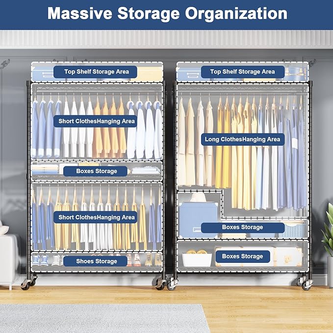 P8C Heavy Duty Clothes Rack（With Extended Width Design） Rolling Clothing Racks for Hanging Clothes with Lockable Wheels，51.2"W x 15.8"D x 80.5"H，Max Load 700LBS，Black Rack with Black Cover