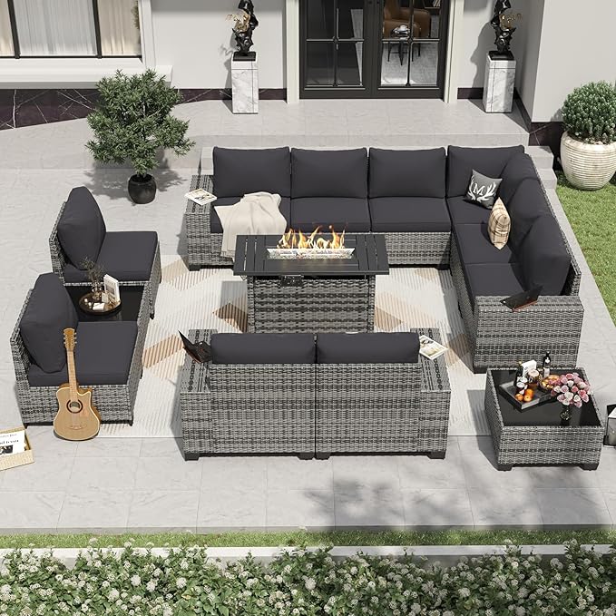 Aoxun 13 Pieces Patio Furniture Set with 44” Fire Pit Table Wicker Rattan Outdoor Sectional Conversation Set with Coffee Table and 4” Thickened Cushions, Gray/Black(Waterproof Cover Included)