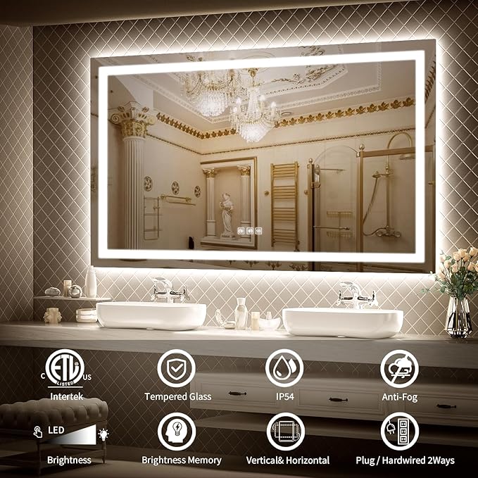 LED Mirror for Bathroom, 60x36 Inch Backlit + Front Lighted Bathroom Vanity Mirror with Lights for Wall, Double Light Strips, 3 Colors, Shatter-Proof, Anti-Fog and Brightness Memory
