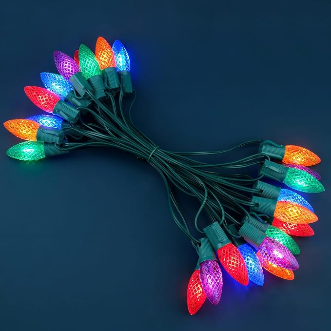 YULETIME Multicolor C9 LED Christmas Lights, 25 Feet 25 Count 12" Spacing Faceted Strawberry Bulbs UL Certified Outdoor String Light Set (Multicolor)