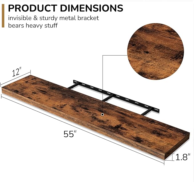Fun Memories 55 Inch Floating Shelves - 12 Inch Deep Rustic Wooden Wall Shelves - Extra Deeper & Thicker Wall Mounted Storage Shelf for Living Room, Kitchen, Farmhouse - 55" W x 12" D x 1.8"H - Brown