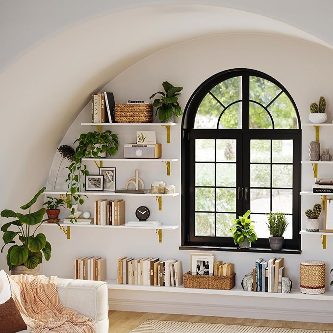 DINZI LVJ Long Wall Shelves, 31.5" Large Floating Shelves Set of 4, Farmhouse Display Shelf Wall Mounted with Heavy Duty Bracket, Easy Assembly for Kitchen, Bathroom, Bedroom, Balcony, White and Gold