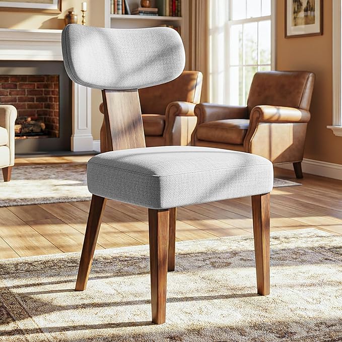 Dining Chairs, Mid-Century Modern Upholstered Kitchen Chairs with Curved Backrest and Linen Fabric Seat, Wood Leg Accent Chairs for Dining Room, Living Room, Bedroom, Grey