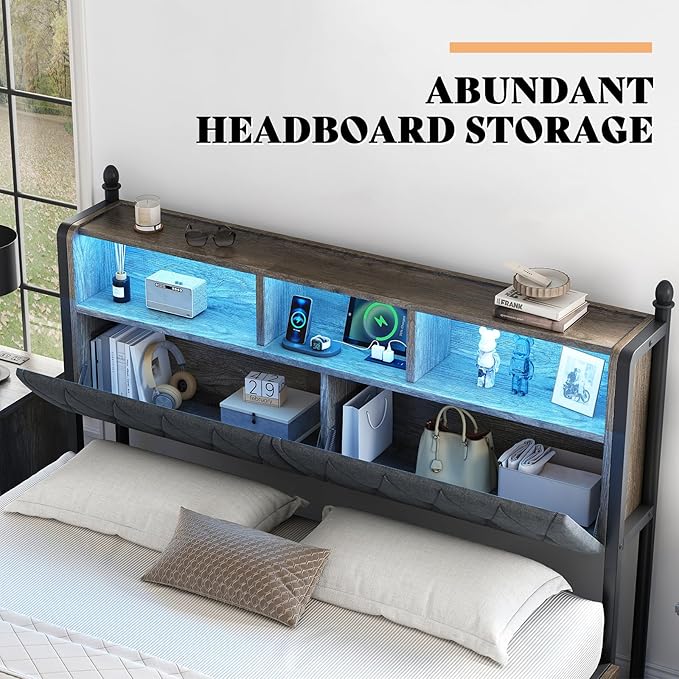 AMERLIFE King Size Bed Frame with Bookcase Headboard and 4 Storage Drawers, Wooden Platform Bed with Charging Station and LED Light, No Box Spring Needed/Noise-Free, Gray