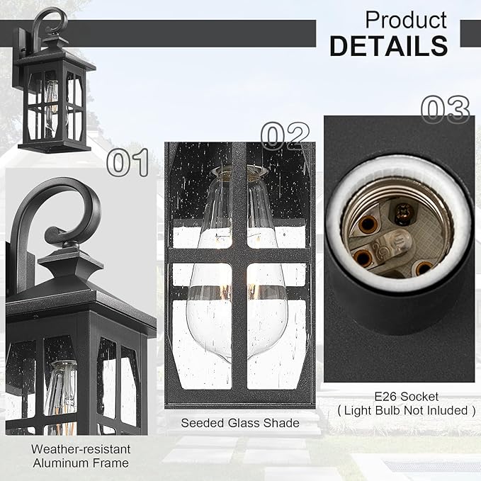 Darkaway Outdoor Light Fixtures Wall Mount, Outdoor Wall Lights Exterior Lighting Fixtures Waterproof Black Outside Wall Sconce with Seeded Glass for House Porch Hallway Garage Front Door