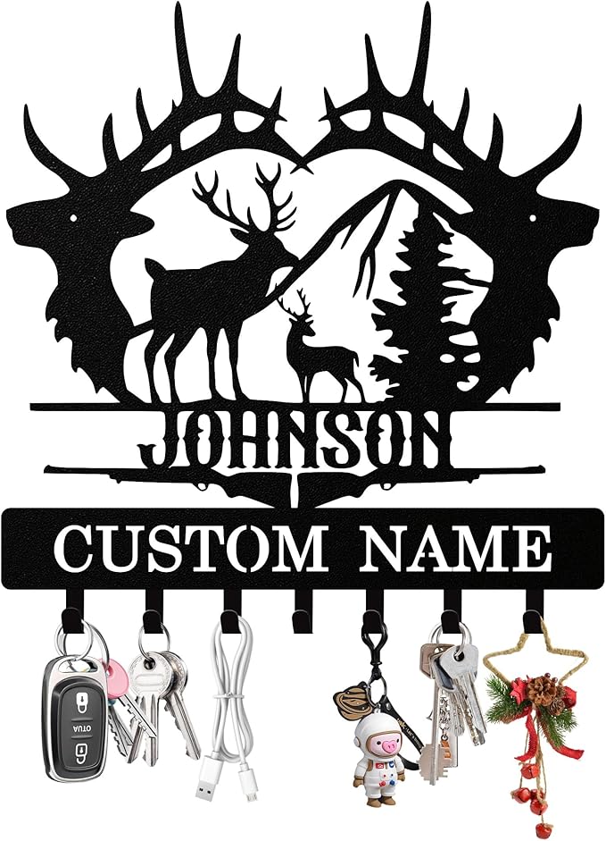 Personalized Deer Key Holder Wall Mount, Custom Metal Keys Hanger for Wall with Name, Custom Key Rack Holder with Hooks for Entryway, Front Door, Hallway, Living Room, Kitchen
