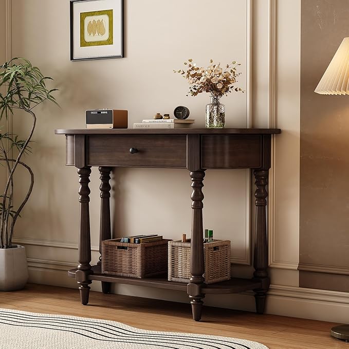 HMFULE Retro Curved Console Table, 36" Solid Wood Half Moon Console Table Sofa Table Entryway Table with 1 Drawer 1 Open Shelf Roman Legs Curved Corners for Living Room,Entryway,Hallway,Espresso