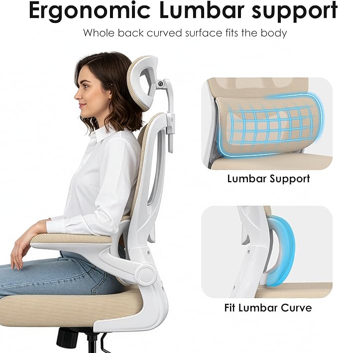 Farini Ergonomic Office Chair, Desk Chair with Headrest and Lumbar Support, High Back Swivel Home Office Chair with Headrest for Home Office Bedroom, Gifts, White & Khaki
