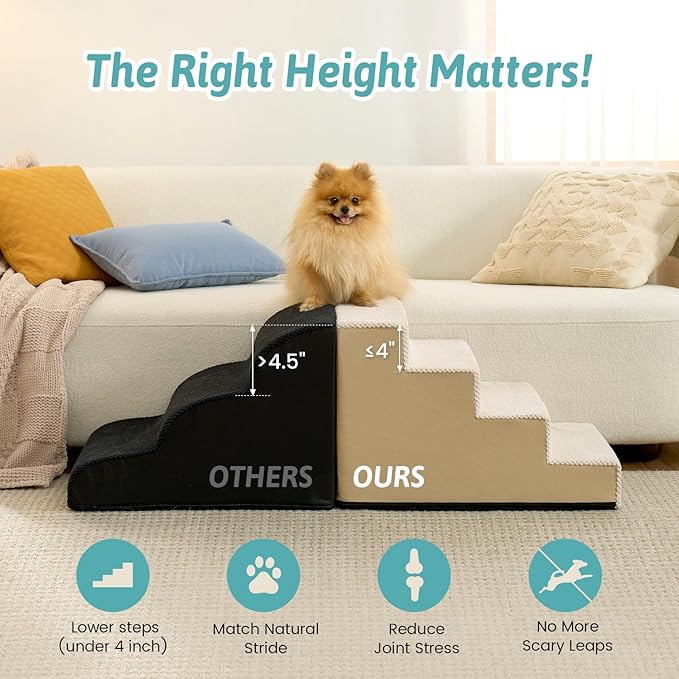Slope Dog Stairs 15.7" H, Pet Steps for Couch Sofa Chair, Ramp for Small Dogs Puppy Cats Seniors with Removable Washable Cover, 4 Step, Beige