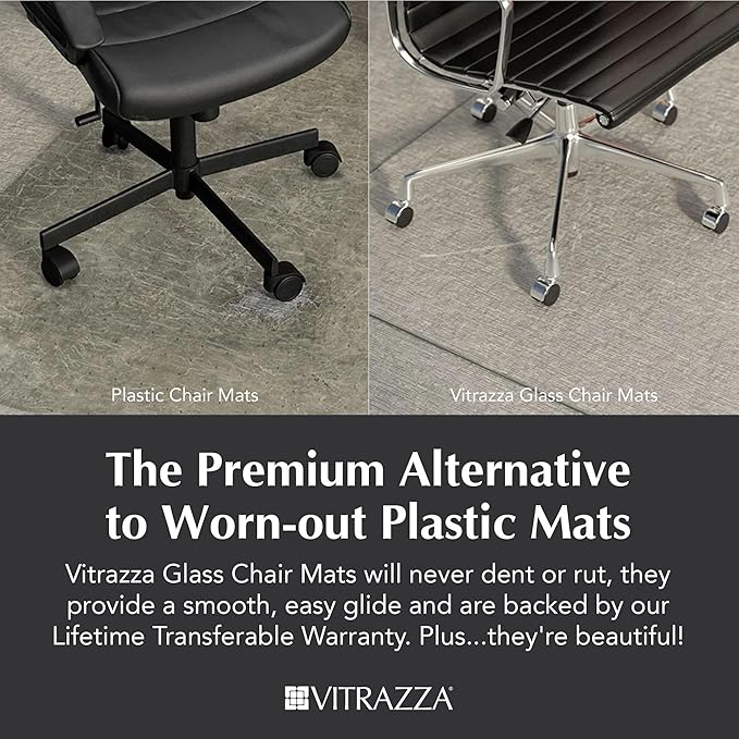 Vitrazza Glass Chair Mat 45” x 53” Superior ¼ Thick, Chiaro Standard Clear, Certified Tempered Safety Glass, Delivers a Smooth Glide, Protects Carpet or Wood, Beautiful in Home or Office.