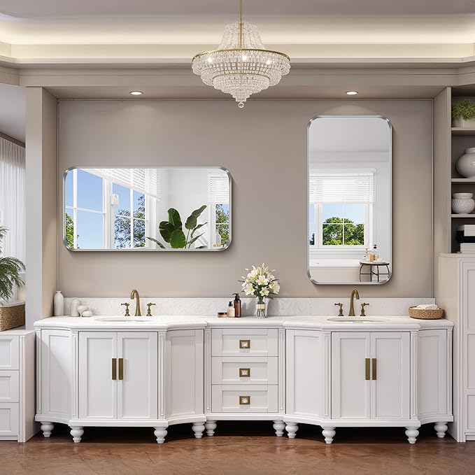 FORBATH 24x48 Inch Bathroom Mirror, Brushed Silver Deep Frame Narrow Full Length Wall Mirror with Rounded Corners, Anti-Rust Tempered Glass for Modern Farmhouse Vanity (Horizontal/Vertical)