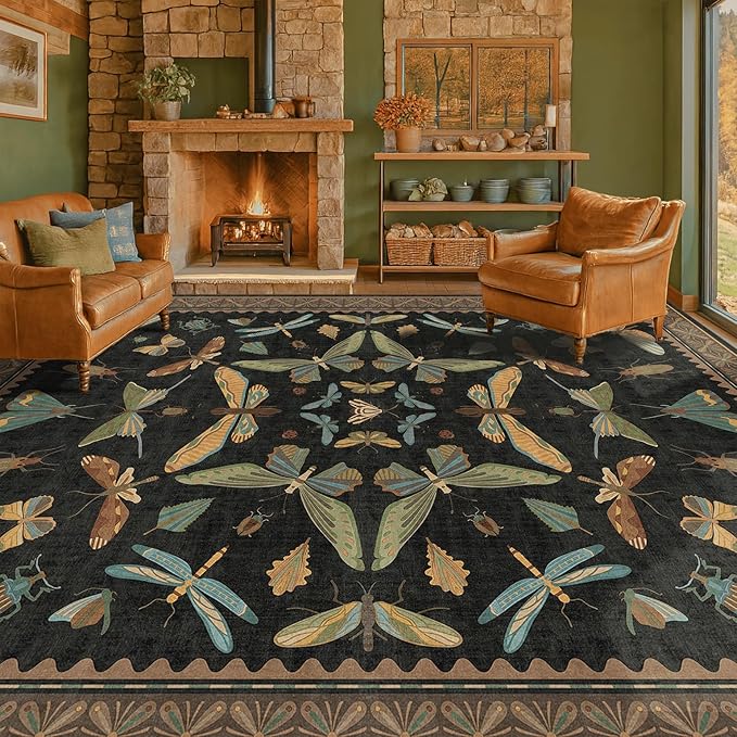 Big Black Area Rug for Living Room - Washable 10x14 Area Rug, Dining Room Rugs for Under Table, Soft Low Pile for Large Bedroom - Insect Witch Dark Moody Bug Decor, Non-Slip & Stain Resistance