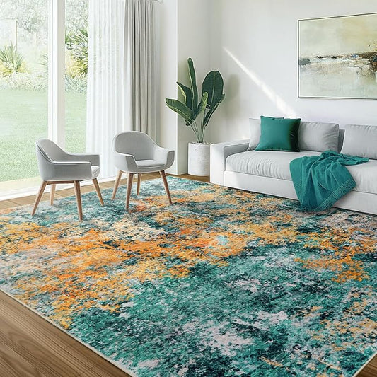Washable Area Rug for Living Room: 8x10 Modern Abstract Neutral Soft Rug for Bedroom Dining Room No Slip Low Pile Carpet for Nursery Home Office - Teal/Orange