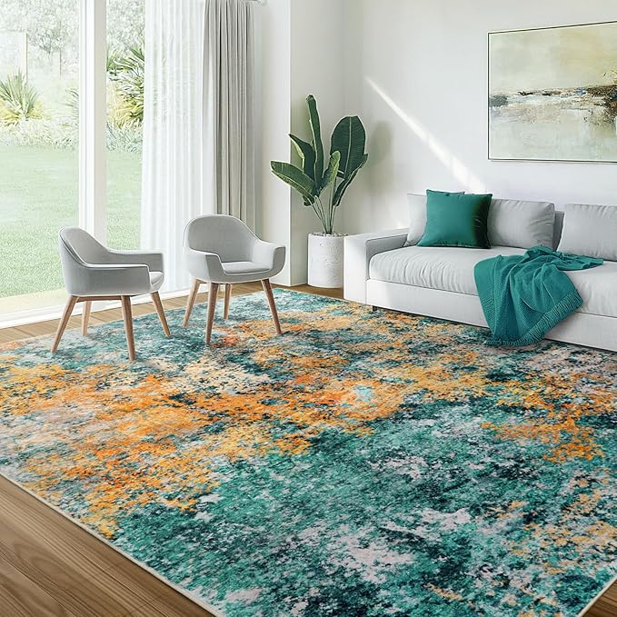 9x12 Area Rug for Living Room - Washable Rugs Modern Abstract Neutral Soft Rug for Bedroom Dining Room No Slip Low Pile Carpet for Nursery Home Office - Teal/Orange