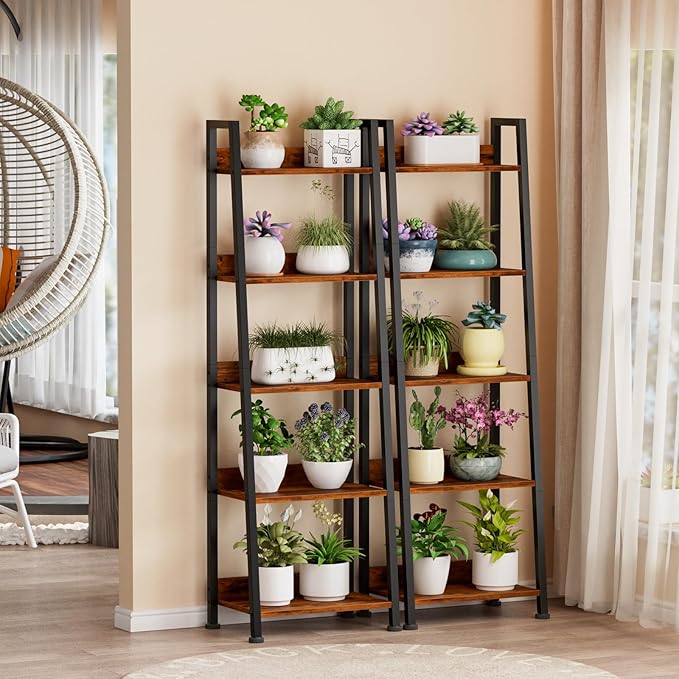 Furologee 5-Tier Ladder Shelf, Ladder Bookshelf with Removable Drawer, Rustic Bookcase Storage Rack Organizer, Wood Metal Freestanding Storage Shelf for Living Room, Home Office, Bedroom, Balcony