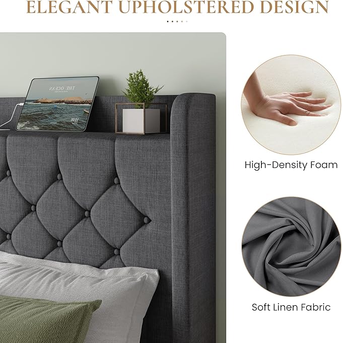 SHA CERLIN Full Size Platform Bed Frame with Charging Station, Velvet Wingback Headboard with Storage shelf, Wooden Slats Support, Ample Under-Bed Space, No Box Spring Needed, Easy Assembly, Dark Grey