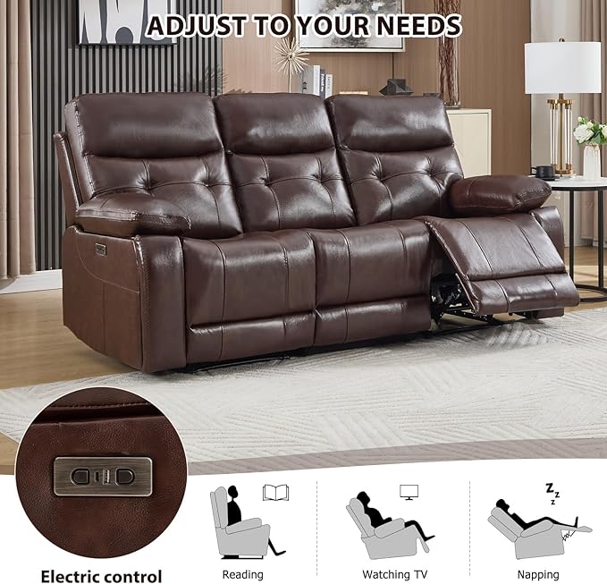 CANMOV Genuine Leather Power Recliner Sofa,3 Seater Reclining Sofa with Comfortable Arms and Back,Modern Electric Recliner Couch Set with Hidden Cup Holders,USB Port for Living Room,Dark Brown