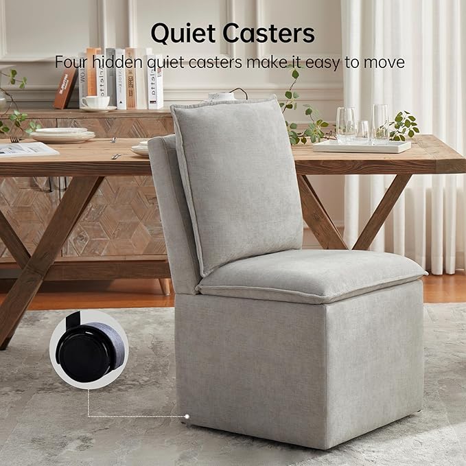 VKNOW Upholstered Dining Chairs Set of 4, Modern Rolling Chairs with Storage and Wheels, Linen Armless Chair with Cushion and Backrest, Dining Room Chairs for Living Room Kitchen Bedroom, Light Grey