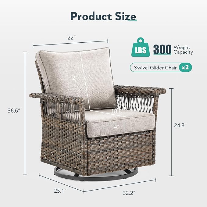 Outdoor Swivel Glider Chairs Set of 2 - Hollow Widen Armrests Wicker Patio Furniture Set, Comfortable High Back Outside Swivel Rocker for Balcony Porch Deck and Yard - Brown/Beige