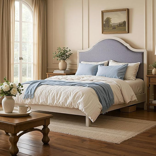 Jocisland King Size Bed Frame with Tall Upholstered Curved Headboard, Solid Wood Platform Bed, No Box Spring Needed, Wood Slat Support, Easy Assembly, White