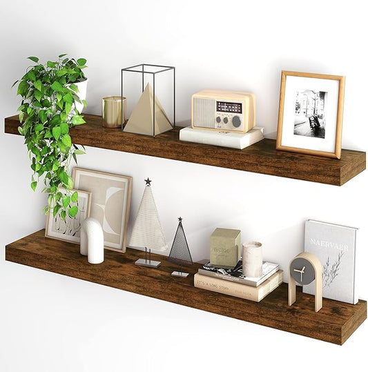 Fun Memories Floating Shelves for Wall, 48Inch Floating Shelves Set of 2, Hanging Shelf with Invisible Brackets, Wood Shelves for Living Room, Bedroom, Kitchen, Brown