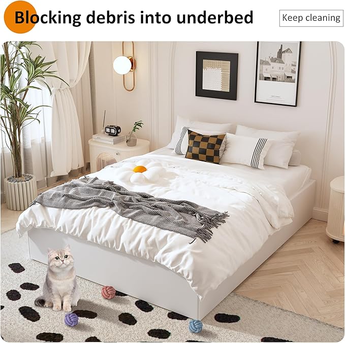 14 Inch King Size Bed Frame with White Fabric Cover, Heavy Duty King Platform Bed Frame Support Up to 3000 lbs, No Box Spring Needed, Easy Assembly, Noise Free, Black