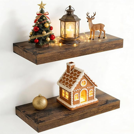 20 Inch Floating Shelves for Wall, 8 Inch Deep Floating Shelf for Storage & Display, Wall Mounted Shelf with Invisible Brackets for Living Room, Kitchen, Bathroom, Home Decor, Set of 2, Rustic Brown