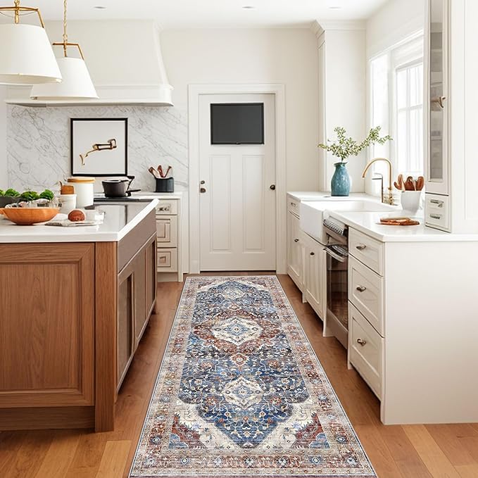 Boho Runner Rug 3x8 Low Pile Rug Runners for Hallway Kitchen Distressed Carpet Runner Rug Non-Slip Brown/Navy Blue