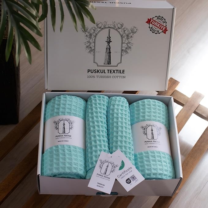 Püskül - Luxury Waffle Towel Set for Bathroom 4 Pieces Turquoise Blue, Premium Quality Organic 100% Turkish Cotton 2 Hand and 2 Bath Towels, Quick Dry Thin Waffle Towels, Made in Turkiye (Turquoise)