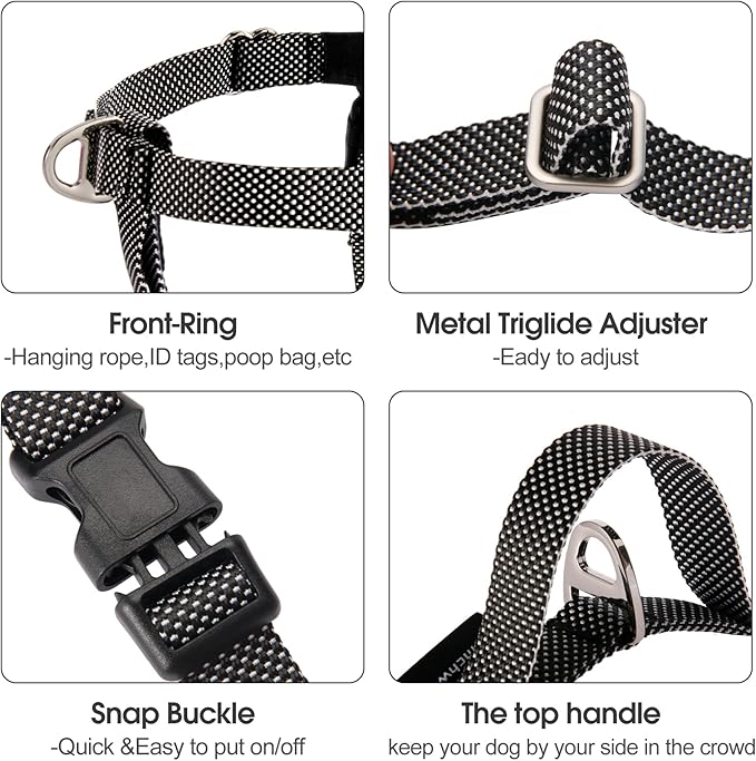 Annchwool Adjustable Dog Harness-Lightweight No Pull Dog Harness with Handle for Small & Medium and Large Dogs-Front Clip Easy for Walking Vest Harness(Black,L)